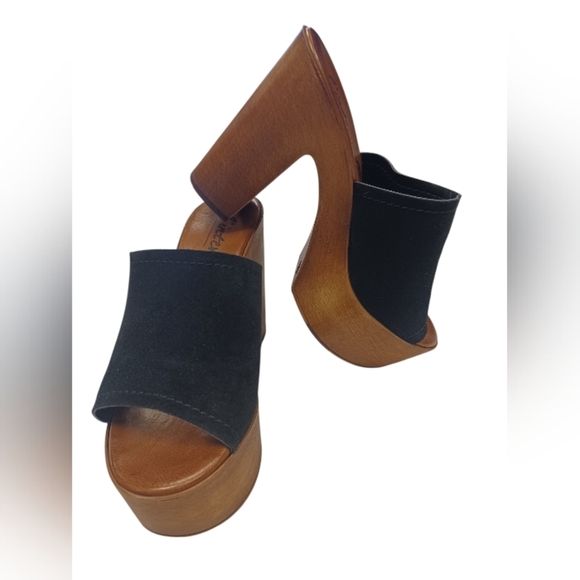 Lintervalle EUC Black Leather and Wood High Heel Open Toe Sandal Size 36 - Picture 2 of 8